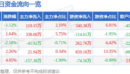股票行情快报：黄山胶囊（002817）4月13日主力资金净买入119.15万元