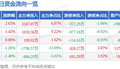 股票行情快报：宜通世纪（300310）8月5日主力资金净买入2347.07万元