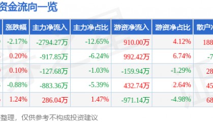 股票行情快报：人民网（603000）6月13日主力资金净卖出2794.27万元