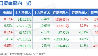 股票行情快报：鲁西化工（000830）7月28日主力资金净卖出2430.23万元