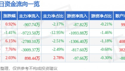 股票行情快报：鲁西化工（000830）7月24日主力资金净卖出907.74万元