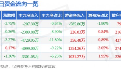 股票行情快报：华邦健康（002004）2月2日主力资金净卖出207.30万元