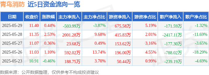 股票行情快报：青鸟消防（002960）5月29日主力资金净卖出503.99万元