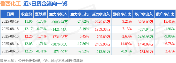 股票行情快报:鲁西化工(000830)8月19日主力资金净卖出6003.74万元
