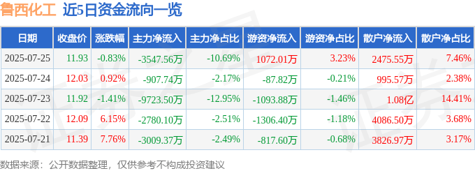 股票行情快报:鲁西化工(000830)7月25日主力资金净卖出3547.56万元