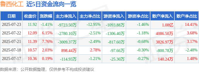 股票行情快报:鲁西化工(000830)7月23日主力资金净卖出9723.50万元