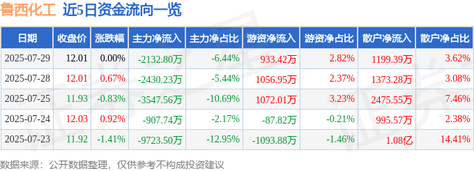 股票行情快报:鲁西化工(000830)7月29日主力资金净卖出2132.80万元
