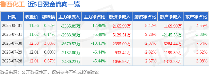 股票行情快报:鲁西化工(000830)8月1日主力资金净卖出3335.89万元