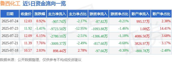 股票行情快报:鲁西化工(000830)7月24日主力资金净卖出907.74万元
