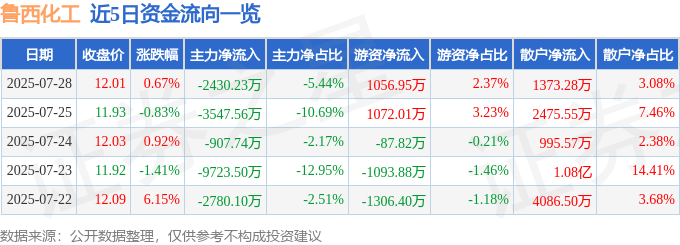 股票行情快报:鲁西化工(000830)7月28日主力资金净卖出2430.23万元