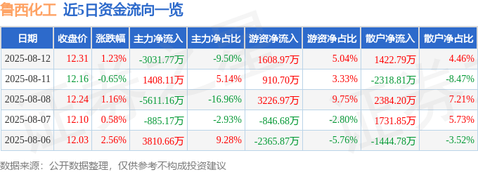 股票行情快报:鲁西化工(000830)8月12日主力资金净卖出3031.77万元