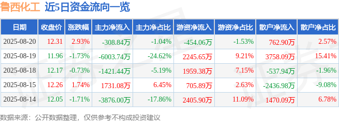股票行情快报:鲁西化工(000830)8月20日主力资金净卖出308.84万元