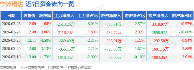 股票行情快报：宁波精达（603088）3月25日主力资金净卖出2513.26万元