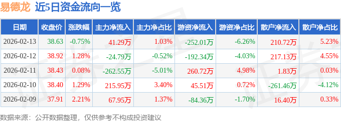 股票行情快报：易德龙（603380）2月13日主力资金净买入41.29万元