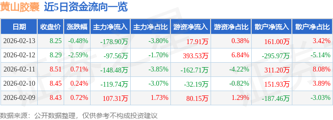 股票行情快报：黄山胶囊（002817）2月13日主力资金净卖出178.90万元